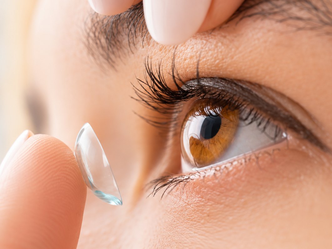 Close-up of a contact lens on a fingertip, about to be placed in the eye