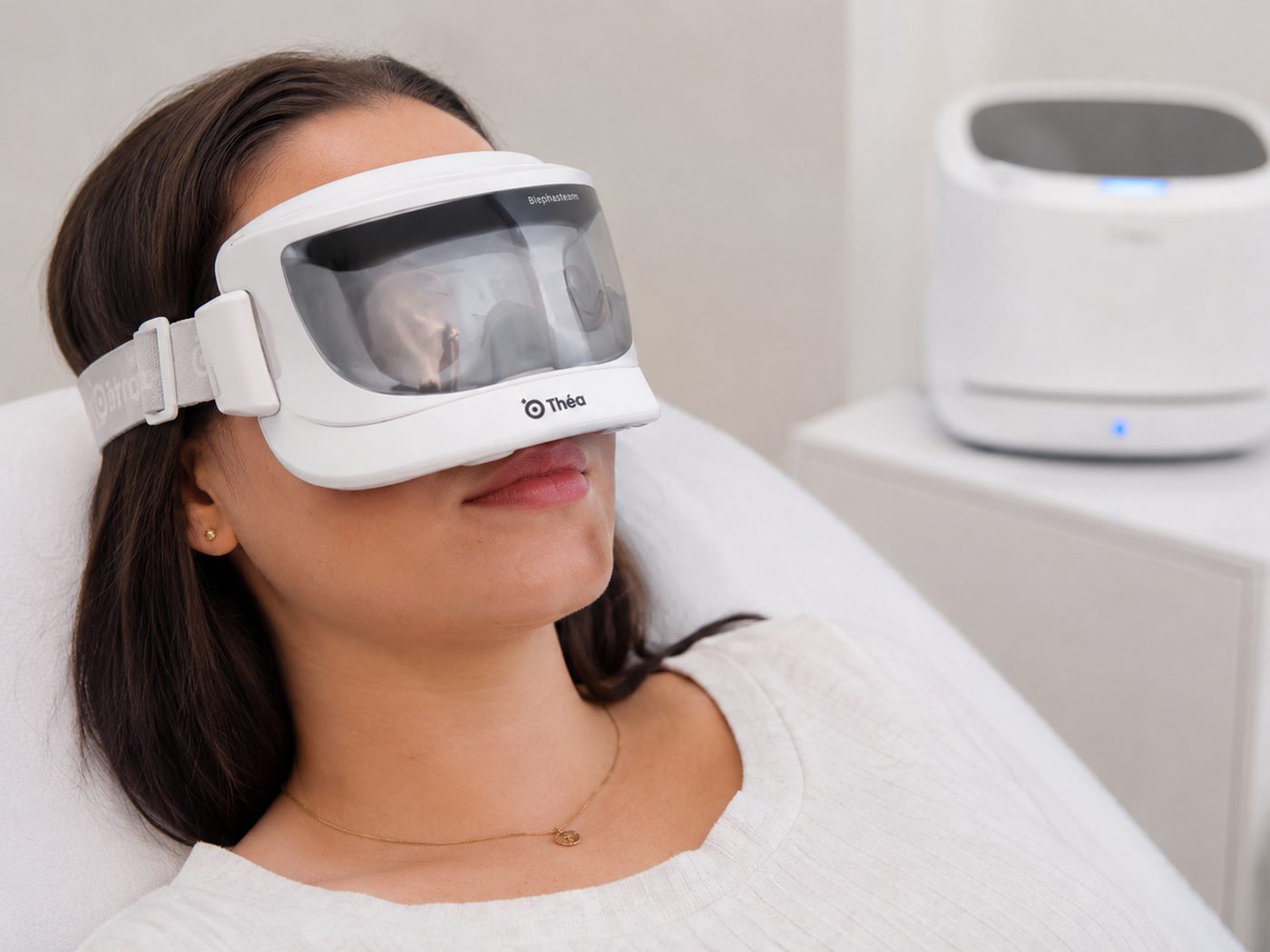 A woman reclining with Blephasteam goggles on, the heating unit beside her