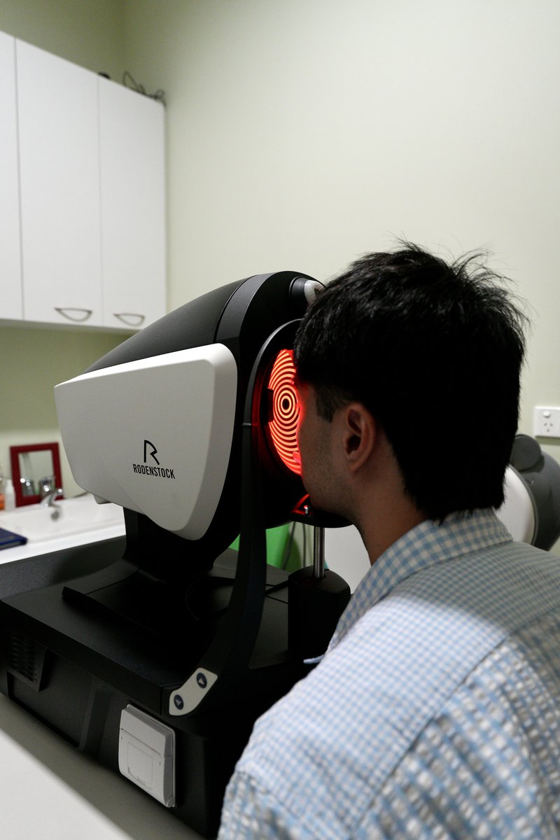 A patient having a scan on the Rodenstock DNEye scanner