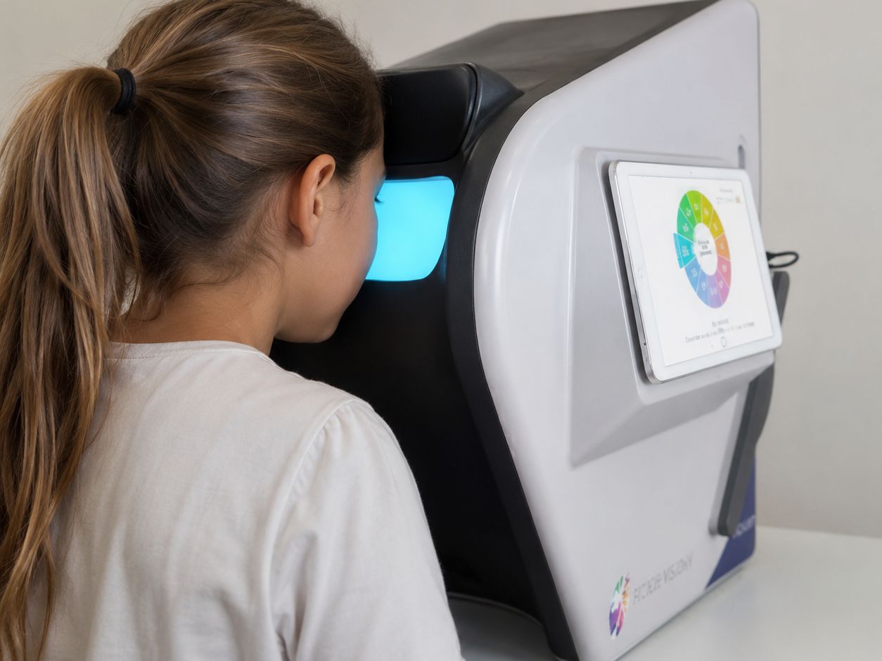 A child looking into the Cerium Intuitive Colorimeter during a colorimetry assessment